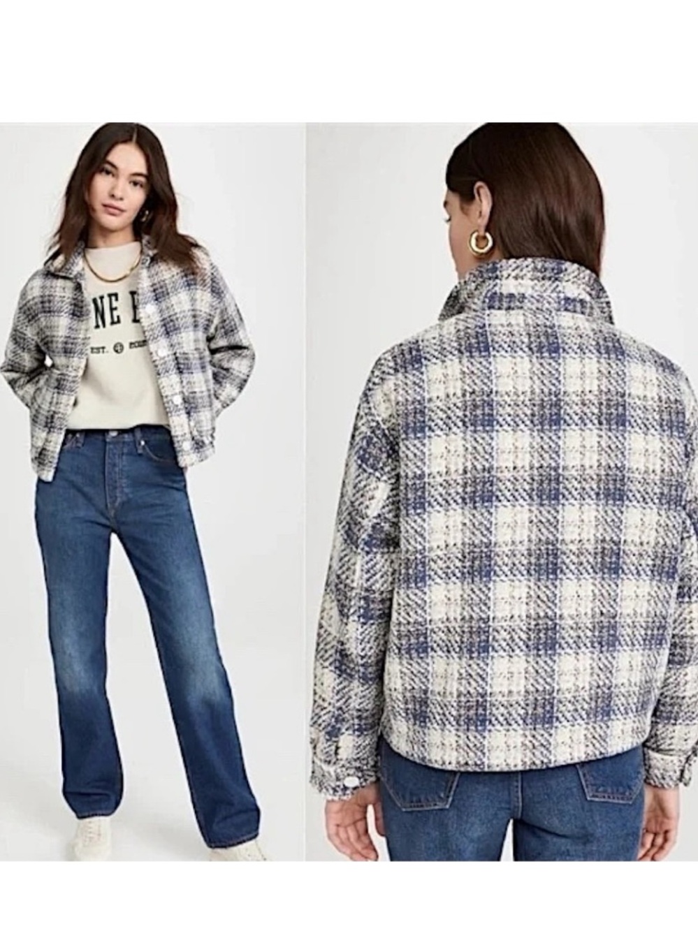 NWT BlankNYC Once In A Lifetime Cropped Tweed Fringe Jacket Shacket Blue Plaid L